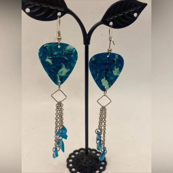 Fender Guitar Pick Dangle Earrings, with Turquoise Stones 4” - Picture 3 of 4